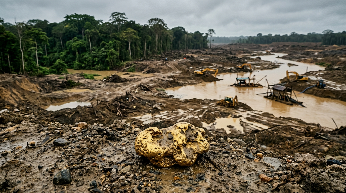 Large gold nugget in foreground of a cleared rainforest mining site